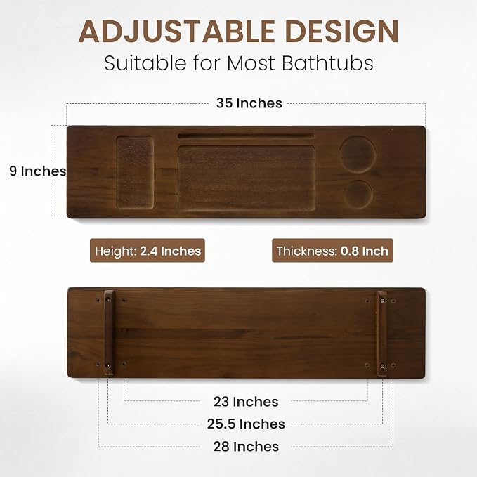 Teak Bathtub Tray - Wood Bath Caddy Tray 35" for Large Tubs - Adjustable Bathtub Table Trays - Luxury Shower Organizer for Home Spa Relaxation and Reading - Dark Walnut Color