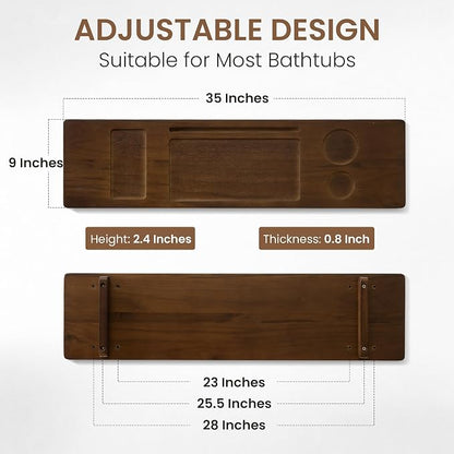 Teak Bathtub Tray - Wood Bath Caddy Tray 35" for Large Tubs - Adjustable Bathtub Table Trays - Luxury Shower Organizer for Home Spa Relaxation and Reading - Dark Walnut Color