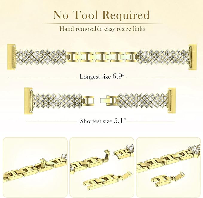 Bling Watch Band Compatible with Fitbit Versa 3/ Fitbit Sense for Women, Adjustable Crystal Alloy Strap Rhinestone Stainless Steel Metal Wristband for Fitbit Sense/Versa 3 (Gold, Versa 3/Sense)