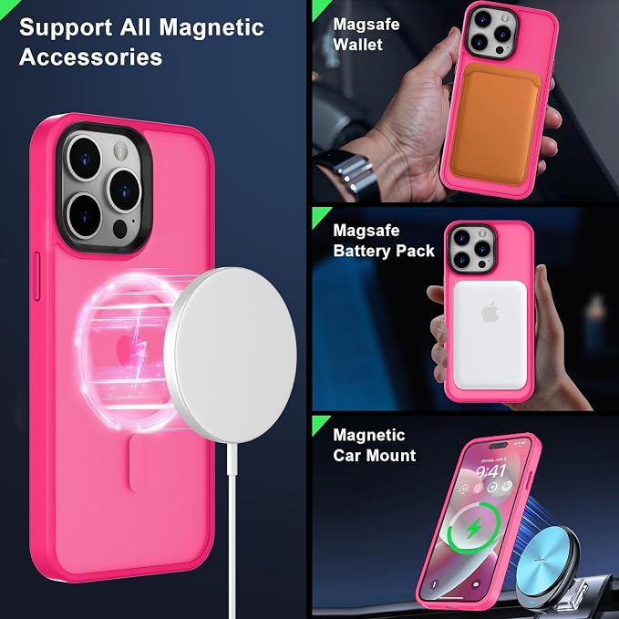 MOCCA Strong Magnetic for iPhone 14 Pro Max Case [Compatible with Magsafe] [10FT Military Grade Protective] Translucent Matte Slim Shockproof Case for iPhone 14 Pro Max 6.7"- Hot Pink