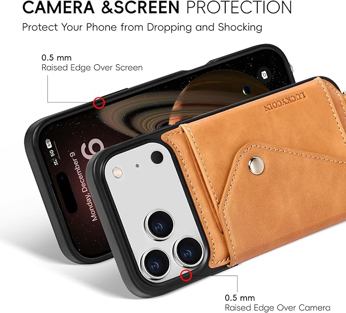 LUCKYCOIN for iPhone 17 Pro Max Crossbody Wallet Case – Genuine Leather Phone Purse with Adjustable Strap and Card Holder,Lanyard Phone Purse Case for Women,Vintage Tan