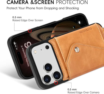 LUCKYCOIN for iPhone 17 Pro Max Crossbody Wallet Case – Genuine Leather Phone Purse with Adjustable Strap and Card Holder,Lanyard Phone Purse Case for Women,Vintage Tan