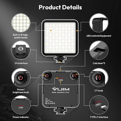 ULANZI VL-81 Camera Phone Selfie Light with Clip & Cold Shoe, 3200K-5600K CRI95 3000mAh Bi-Color Portable LED Video Light for iPhone, Cameras, Laptop, Selfie, Vlog, Filming, Video Conference, Webcam