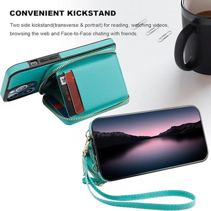 Bocasal RFID Blocking Wallet Case for iPhone 13 Pro Max, Adjustable Crossbody Zipper Purse Case Card Holder with Kickstand Detachable Wrist Strap, PU Leather Flip Folio Case 6.7 Inch 5G (Mint Green)