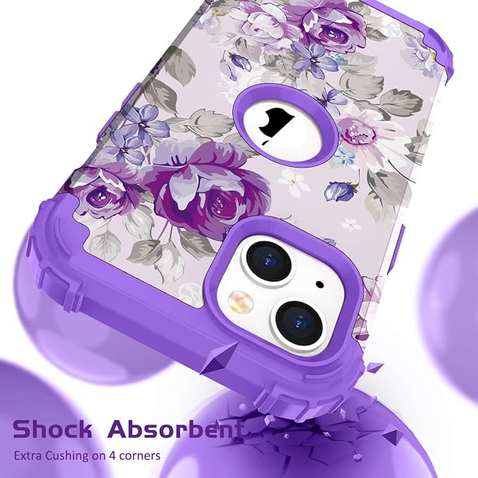 Hocase for iPhone 15 Case, Heavy Duty Shockproof Protection Soft Silicone Rubber Bumper+Hard Plastic Hybrid Protective Case for iPhone 15 (6.1" Display) 2023 - Lavender Flowers