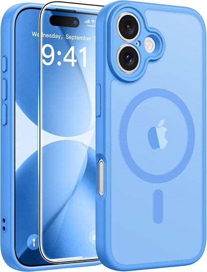 FNTCASE for iPhone 17 Case, Compatible with Magsafe, Glass Screen Protector | Full Camera Protection, Translucent Matte, 14FT Military Grade Drop Proof, Shockproof Protective Phone Cover, Ice Blue