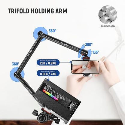 NEEWER Upgraded Overhead Camera Rig with Trifold Camera Boom Arm (Max Load 2lb), 47"/1.2m Telescopic Desk Mount Stand (Max Load 8.8lb) with Phone Clamp Ball Head for LED Light Webcam Mic, TL253A+MH022