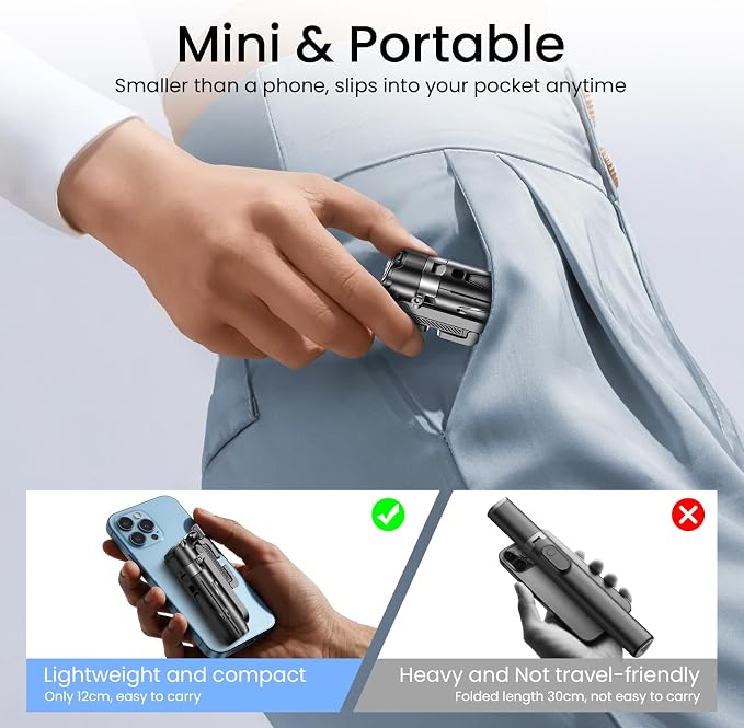 Portable Selfie Stick Tripod with Dual Fill Lights & Bluetooth Remote – 3-in-1 Pocket Size Phone Tripod with 2 Cold Shoe Mounts for iPhone Android – Mini Video Stand for Live Streaming