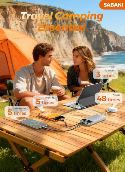 Portable Charger 35000mAh Power Bank - Powerbank with 4 Built in Cables, 22.5W Fast Charging Travel Camping Essential Battery Pack Compatible with iPhone 17 16 15 14 13 Samsung Google, 1 Pack, Silver