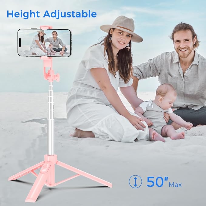 Selfie Stick Travel Tripod for Cell Phone with Remote Control and Phone Holder, Extendable Selfie Stick for iPhone, iPhone Tripod for Video Recording, 50 Inch, Pink