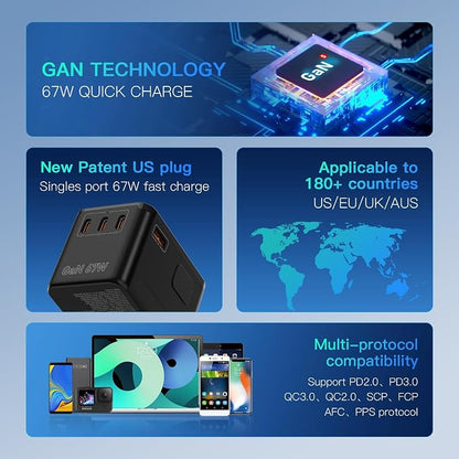 67W GaN Universal Travel Plug Adapter - International Power Adapter with 3 USB C & 1 USB A, Worldwide Power Outlet Travel Essentials for USA to European UK AUS Ireland, Type C/G/I/A (Black)