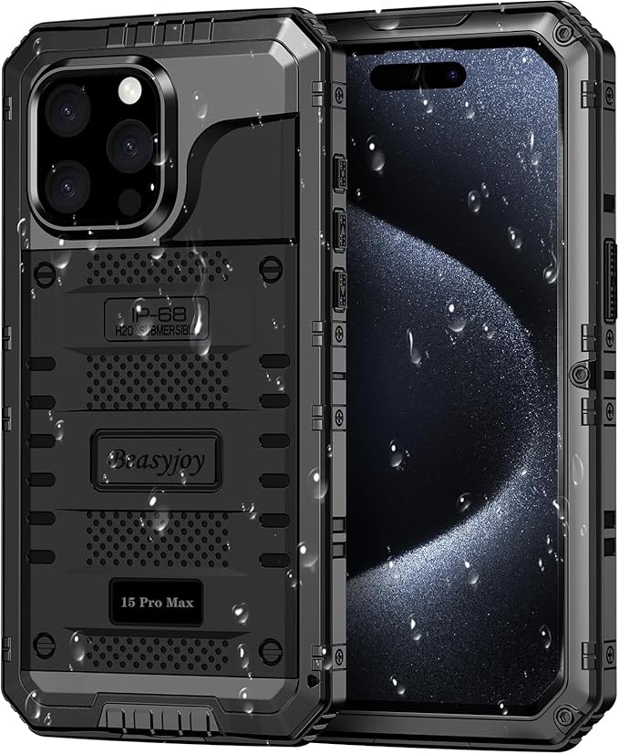 Beasyjoy for iPhone 15 Pro Max Case Waterproof, Metal Heavy Duty Full Body Protective Case with Built-in Screen Protector, Military Grade Shockproof Defender Cover for iPhone 15 Pro Max 6.7", Black