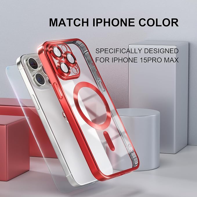 Misea Magnetic for iPhone 15 Pro Max Case with MagSafe [Never Yellowing] [Military Grade Drop Protection] Full Camera Lens Protector Plating Soft Clear Phone Case for Women Girls, Red