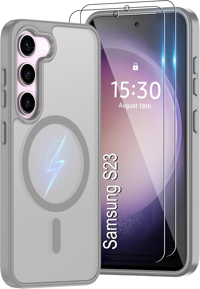 Pilaru for Samsung Galaxy S23 Case [Compatible with Magsafe] Translucent Matte Magnetic S23 Phone Case,SlimThin Duty Shockproof Protection Cover with 2pc HD Screen Protector for S23-Gray