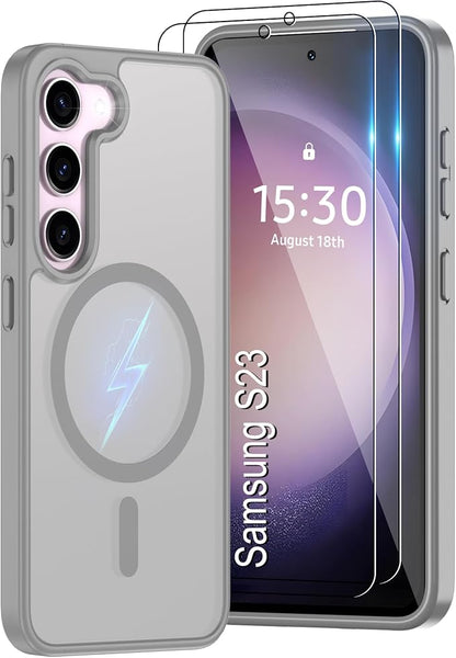Pilaru for Samsung Galaxy S23 Case [Compatible with Magsafe] Translucent Matte Magnetic S23 Phone Case,SlimThin Duty Shockproof Protection Cover with 2pc HD Screen Protector for S23-Gray