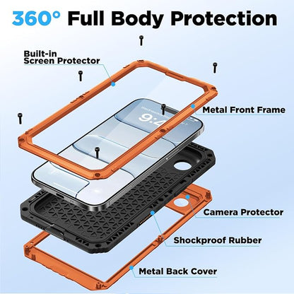 Beasyjoy for iPhone Air Case Waterproof, Heavy Duty Metal Full Body Protection, Built-in Screen Protector, Military Grade Shockproof Rugged Hard Phone Cover for iPhone 17 Air 6.5", Orange