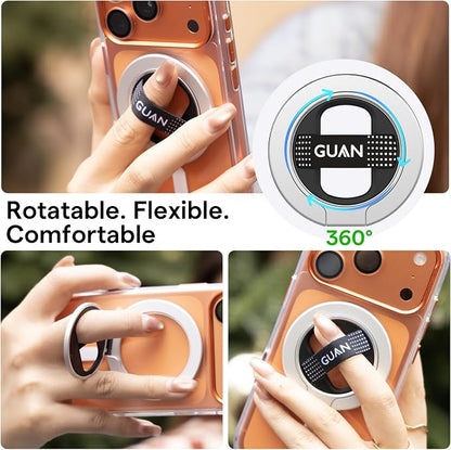 GUAN Magnetic Phone Grip Compatible with MagSafe, 0-180°Adjustable Stand, Replacement Silicone & Elastic Strap Ultra Thin Phone Kickstand for iPhone 17, 16,15 Series All Phones (Metal Ring) Silver