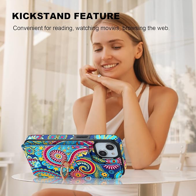HAOPINSH for iPhone 13/ iPhone 14 Wallet Case with Card Holder, 360°Rotation Ring Kickstand, Paisley Pattern, RFID Blocking Leather for Girls Women, Double Buttons Flip Protective Cover 6.1"