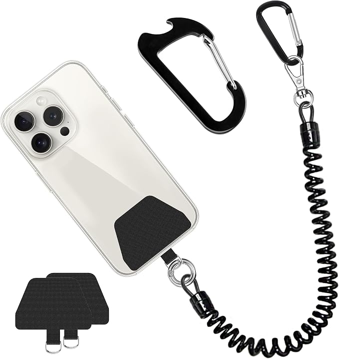 Doormoon Phone Lanyard Tether with Patch*2, Carabiner*1, Bottle Opener Carabiner*1, Stretchy iPhone Lanyard Anti Theft Phone Strap for Anti-Drop Outdoor Compatible for iPhone Most Smartphones, Black