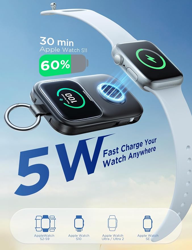 JOYROOM Portable Charger for Apple Watch, 5000mAh Power Bank 20W PD Fast Charging Dual Built-in Cables &4 Outputs, Compact Travel Keychain Battery Pack for iPhone 17/16/15/14/13& Apple Watch, Black