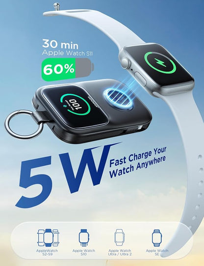 JOYROOM Portable Charger for Apple Watch, 5000mAh Power Bank 20W PD Fast Charging Dual Built-in Cables &4 Outputs, Compact Travel Keychain Battery Pack for iPhone 17/16/15/14/13& Apple Watch, Black
