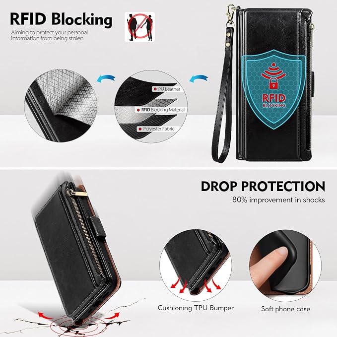 Antsturdy Compatible with iPhone 12 Wallet Case,RFID Blocking PU Leather Phone Case Women Men Kickstand Flip Cover Wrist Strap Zipper Credit Card Holder Slots,for Apple 12 Pro 6.1",Black