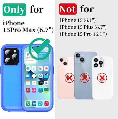 Cozycase for iPhone 15 Pro Max Waterproof Shockproof Dustproof Case - Heavy Duty/360 Full Body/Military Grade/Protective/Rugged 【8FT Drop Proof】 Built in Screen/Camera Protector with Lanyard Blue