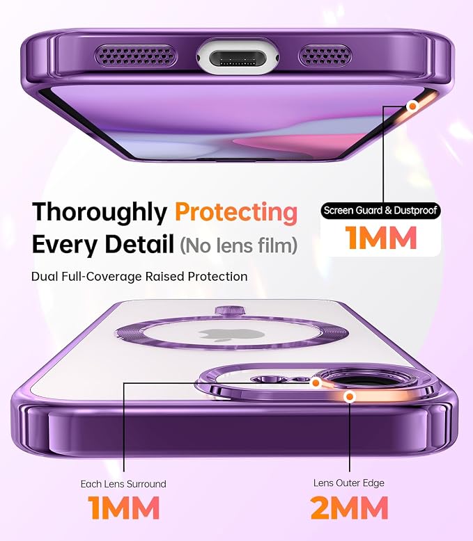 Meifgino Magnetic Case with Removable Phone Ring Stand for iPhone 16E 6.1’’, [Glitter Card & Wrist Strap] [MagSafe Compatible] [Built in Mirror] Phone Ring Stand + Phone Case Kit, Purple