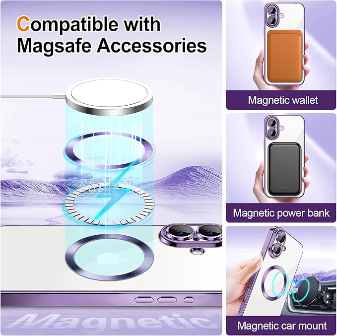 Hython for iPhone 17 Case Glitter Clear Magnetic Phone Cases [Compatible with MagSafe] Full Camera Lens Protector Sparkle Luxury Plating Slim Shockproof Protective Cover Women, Purple