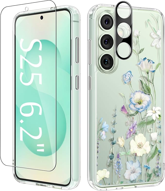 GVIEWIN for Samsung Galaxy S25 Case, Clear Floral Slim Shockproof Protective Women Phone Case, Non-Yellowing, with Screen Protector & Camera Lens Protector for Galaxy S25 6.2", Aquilegia/White