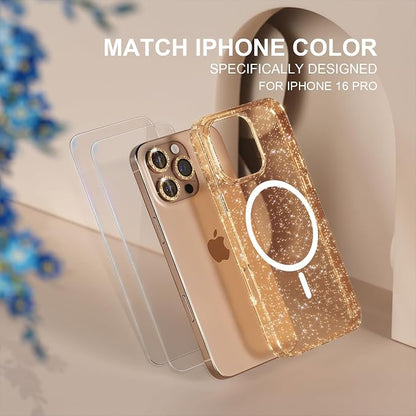 Choiche for iPhone 16 Pro Case Magnetic, Women Clear Glitter Bling Sparkly Case, [3xDiamond Camera Lens Protectors] [2xTempered Glass Screen Protectors] [Compatible MagSafe] 6.3"(Glitter Gold)