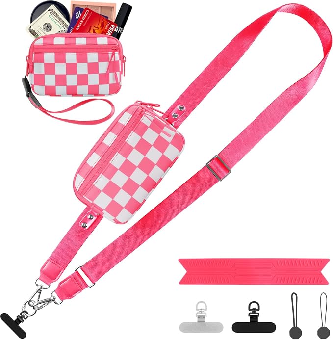YFWE Clip and Go Strap for Phone with Wallet Crossbody, Adjustable Phone Lanyard with Detachable RFID Wristlet Wallet, Phone Strap with Phone Tabs for All Phones, Pink Checkered (M)
