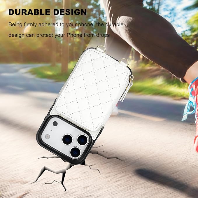 Bocasal Crossbody Wallet Case for iPhone 17 Pro, RFID Blocking PU Leather Zipper Handbag Purse Flip Cover, Kickstand Folio Case with Card Slots Holder Wrist Strap Lanyard 5G 6.3 Inch (White)