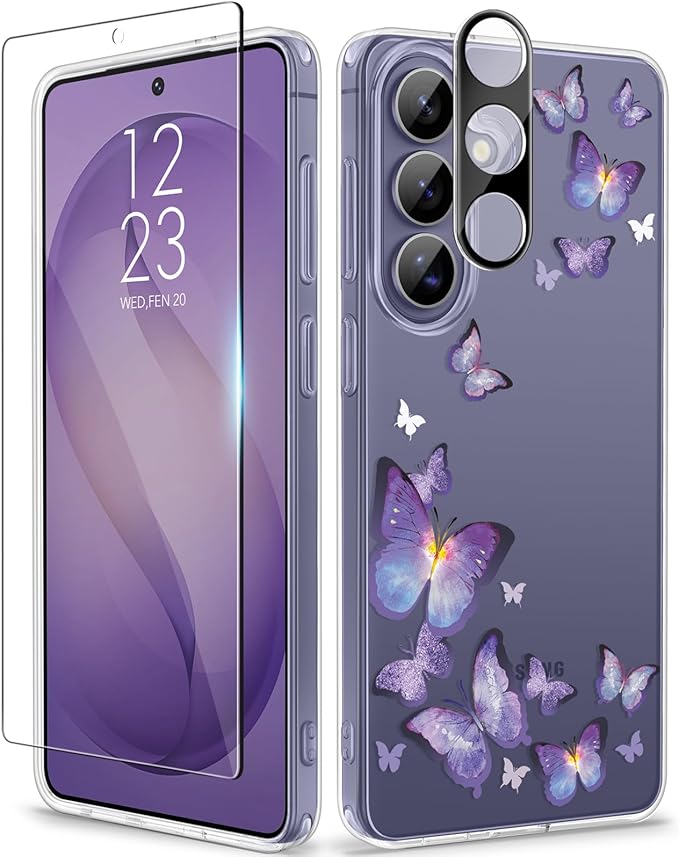 GVIEWIN for Samsung Galaxy S26 Case, Clear Floral Slim Shockproof Protective Women Phone Case, Non-Yellowing, with Screen Protector&Camera Lens Protector for Galaxy S26 6.3", Alluring Butterfly/Purple