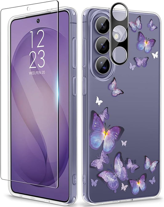 GVIEWIN for Samsung Galaxy S26 Case, Clear Floral Slim Shockproof Protective Women Phone Case, Non-Yellowing, with Screen Protector&Camera Lens Protector for Galaxy S26 6.3", Alluring Butterfly/Purple
