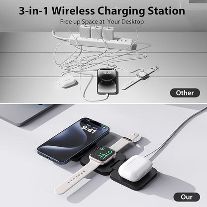 KU XIU Fast Wireless Charger, Magnetic Foldable 3 in 1 Charging Station for iPhone 17/16/15/14/13/12/Pro/Plus/Pro Max, 5W Portable Charger for Apple Watch10/9/8/7/6/5/4/3/SE, for Airpods3/2/Pro-Black