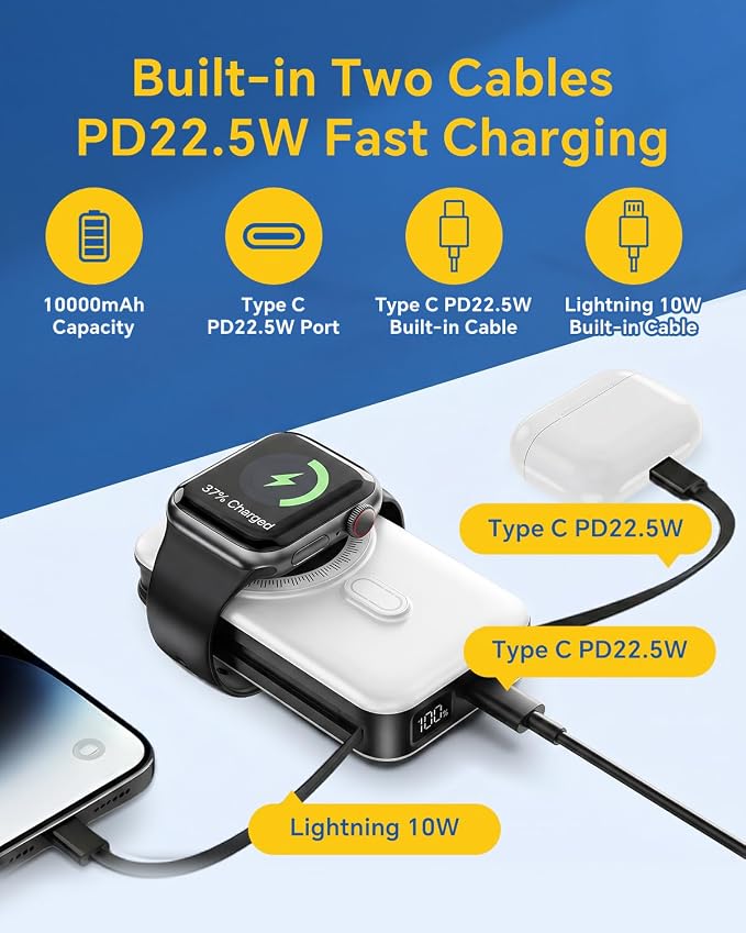 DR.HILL Magnetic Battery Pack Real Capacity 10000mAh, 22.5W Fast Charging Portable Charger with Built-in Cables & AC Wall Plug, Foldable Stand Power Bank for Apple Watch Phone 17/16/15/14/13 (White)
