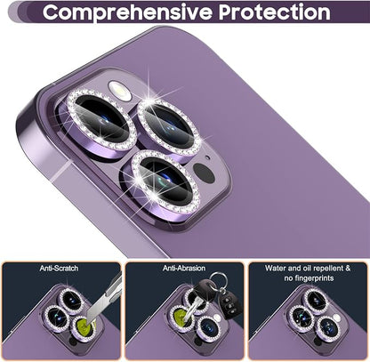Suoman for iPhone 14 Pro Max / 14 Pro Camera Lens Protector, [Diamonds Bling] 9H Tempered Glass, Full Coverage Metal Protective Cover - Diamond Purple