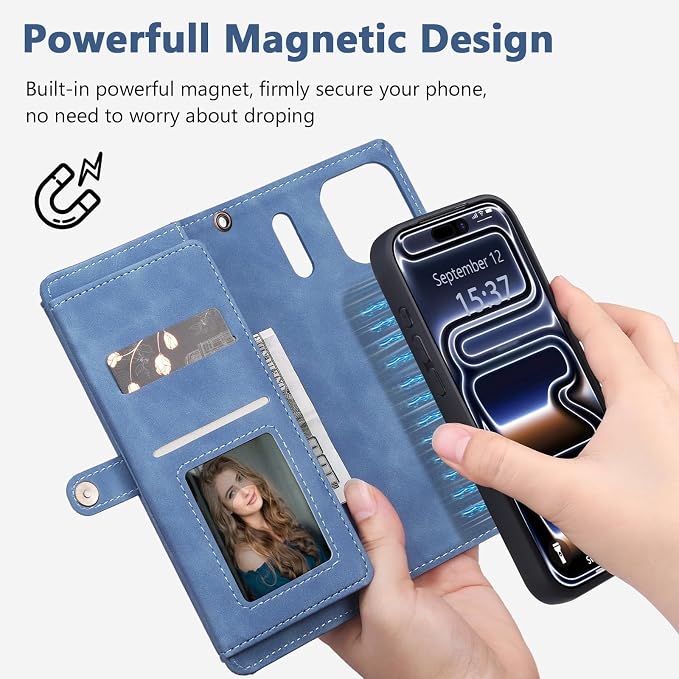 Wallet Case for iPhone 17 Pro with Card Holder/Crossbody Wallet/Strap,[RFID Blocking][Magnetic] PU Leather Phone Case for iPhone 17 Pro,6.3 in,Dream Sky Blue