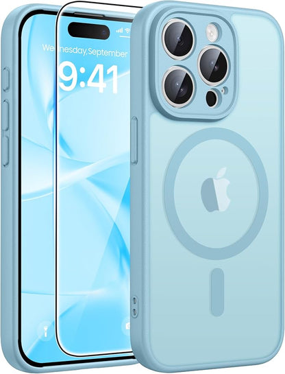 FNTCASE for iPhone 15 Pro Max Case, Fit for Magsafe, Glass Screen Protector | Full Camera Protection, Translucent Matte, 14FT Military Grade Drop Proof, Shockproof Protective Phone Cover, Teal