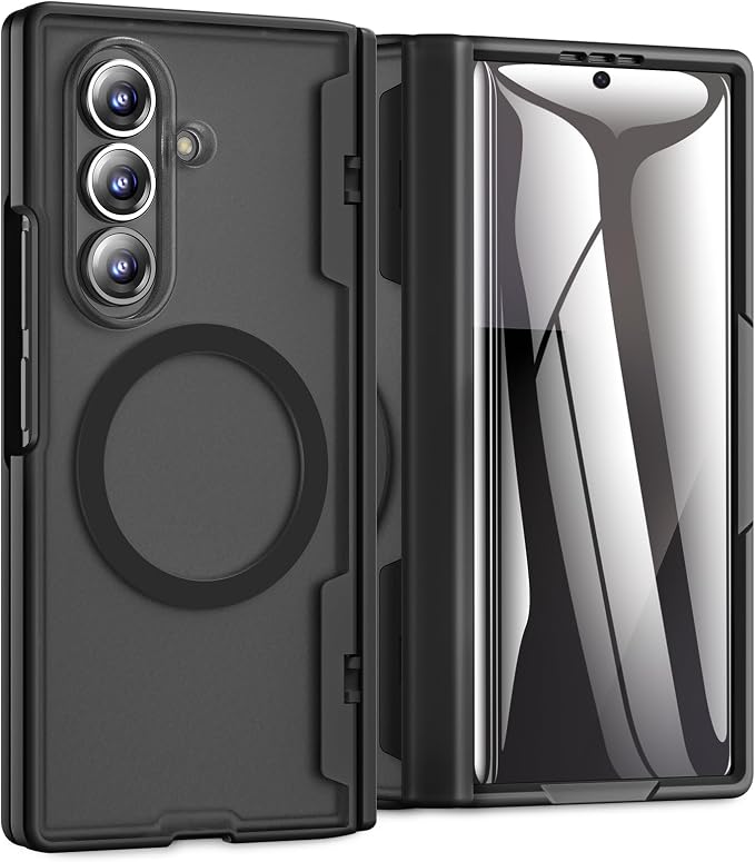 Caka Magnetic for Samsung Galaxy Z Fold 7 Case with Hinge Protection Black | Compatible with MagSafe, Built-in Outer Screen Protector, Hinge Guard, Translucent Matte Back, 360° Hybrid Drop Defense