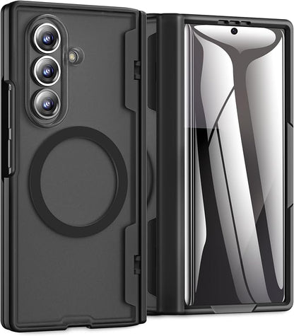 Caka Magnetic for Samsung Galaxy Z Fold 7 Case with Hinge Protection Black | Compatible with MagSafe, Built-in Outer Screen Protector, Hinge Guard, Translucent Matte Back, 360° Hybrid Drop Defense