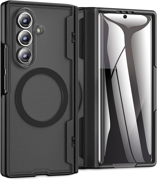 Caka Magnetic for Samsung Galaxy Z Fold 7 Case with Hinge Protection Black | Compatible with MagSafe, Built-in Outer Screen Protector, Hinge Guard, Translucent Matte Back, 360° Hybrid Drop Defense