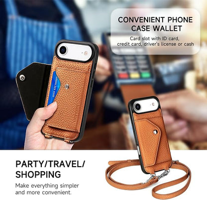 LUCKYCOIN for iPhone Air Crossbody Wallet Case – Genuine Leather Phone Purse with Adjustable Strap and Card Holder,Lanyard Phone Purse Case for Women,Pebble Grain Brown