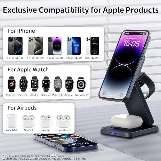 3 in 1 Magnetic Wireless Charger Station for iPhone 17/16/15/14/13/12 Series Mag-Safe Charging Station for Apple Watch Series 11-2/Ultra2/1/SE Foldable Wireless Charger for AirPods 4 3 2 1 Pro