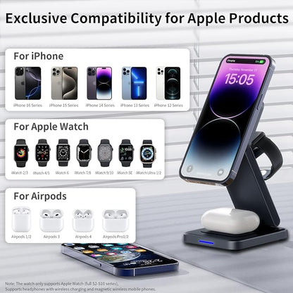3 in 1 Magnetic Wireless Charger Station for iPhone 17/16/15/14/13/12 Series Mag-Safe Charging Station for Apple Watch Series 11-2/Ultra2/1/SE Foldable Wireless Charger for AirPods 4 3 2 1 Pro