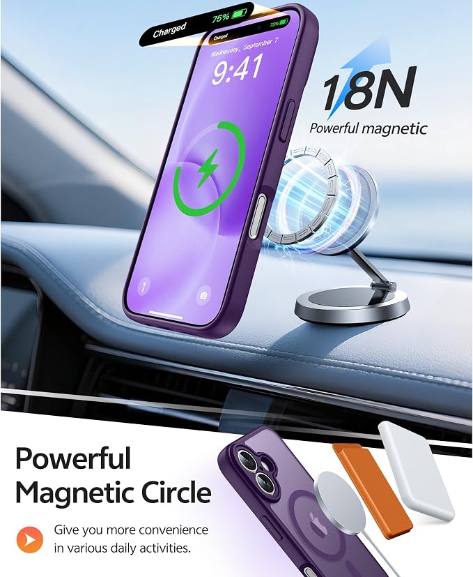 FNTCASE for iPhone 16 Case: [Compatible with Magsafe] Translucent Matte Cases with [Full Camera Protection] [Screen Protector] Military Grade Shockproof Protective Phone Cover - Purple
