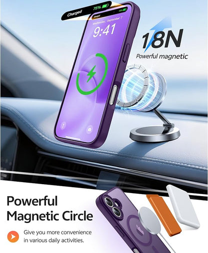 FNTCASE for iPhone 16 Case: [Compatible with Magsafe] Translucent Matte Cases with [Full Camera Protection] [Screen Protector] Military Grade Shockproof Protective Phone Cover - Purple