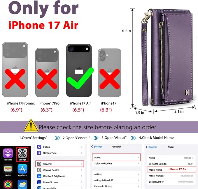 Wallet Case for iPhone Air with Card Holder/Crossbody Wallet/Strap,[RFID Blocking][Magnetic] PU Leather Phone Case for iPhone Air,6.5 in,Purple