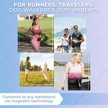 Running Buddy Magnetic Fanny Pack - Water-Resistant Belt Bag - Secure Magnetic Closure Waist Pack - Phone Belt Holder & Headphone Port - XL 6.8 x 4 in, Black/Pink